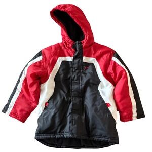 Nike Puffer Jacket Boys‎ Size 6 Red Black White Colorblock Hooded Fleece Lined